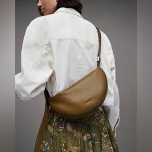 Allsaints Half Moon Leather Crossbody in Bronze Green with Silver Hardware